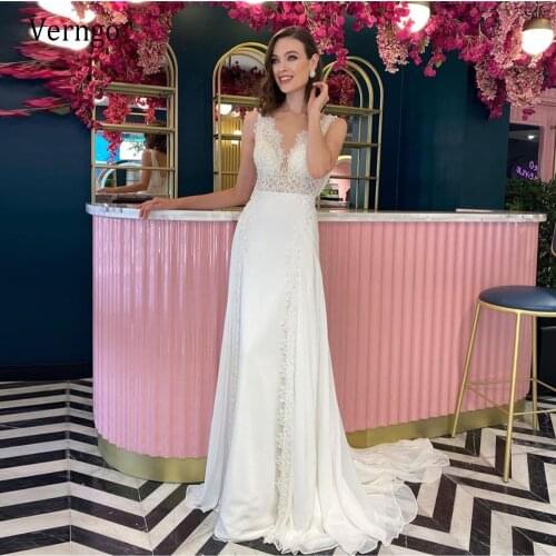 Verngo Elegant Ivory Lace Applique Pearls Wedding Dresses For Bridal 2021 V Neck Silk Chiffon Low Back Beach Long Bride Gowns