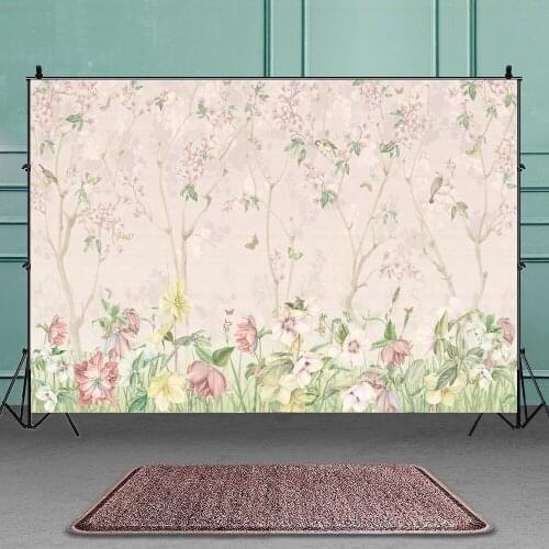 Painted Flowering Trees and Birds Background for Portrait Photography Birthday Party Banner Decors Backdrops Photocall Studio