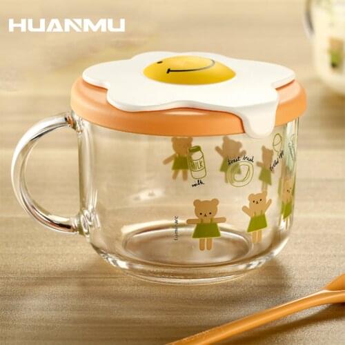 Quality Cute Clear Bear Print Green Orange Glass Mug With Lid And Spoon For Tea Large Cup Gift Breakfast Milk Coffee Fruit Salad