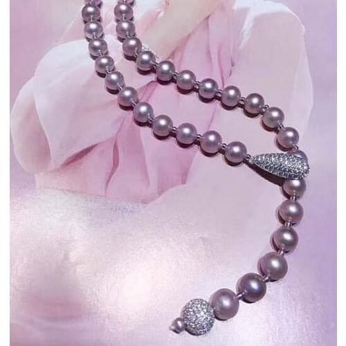 Free shipping 45cm 7-8mm Purple Pearl CZ Necklace Pendant 925 silver micro inlay zircon clasp accessory jewelry