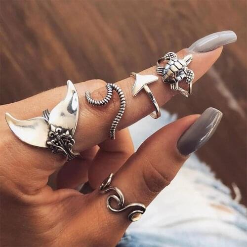 Bohemian Retro Metal Moon Round Triangle tortoise Fish tail aircraft gold silver-Color Ring Set Women Wedding IndiaJewelry Gifts