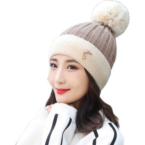 2021 New Winter Cute Young Ladies Large Size Wool Ball Wild Knitted Hat Outdoor Cold-Proof Ear Protection Warm Woolen Hat