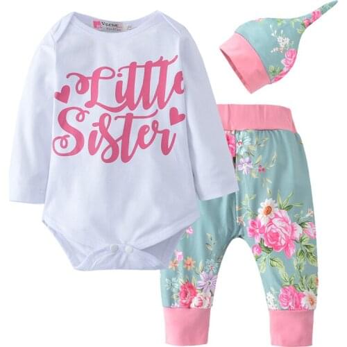 Newborn Baby Girls Outfits Clothes Tops Bodysuits Long Sleeve Cotton Cute Floral Pants Hat 3Pcs Baby Girl Infant Clothing Set