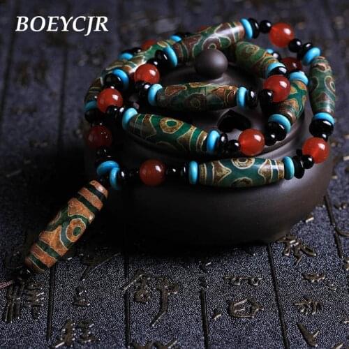BOEYCJR Natural Stone Necklace Long Chain Handmade Ethnic NINE EYES TIBETAN DZI Beads Pendant Necklace For Women or Men