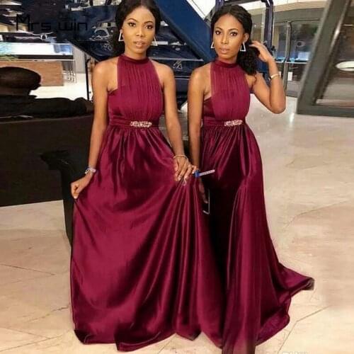 Mrs win Bridesmaid Dresses For Women Burgundy Satin Sexy Halter Wedding Party Gowns HR349 Elegant A Line Long Vestido Madrinha