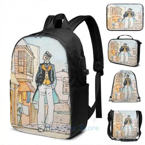 Funny Graphic print Corto Maltese strolling USB Charge Backpack men School bags Women bag Travel laptop bag