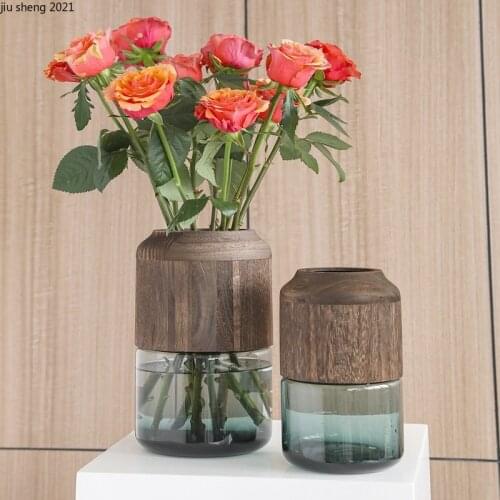 European Style Glass Vase Solid Wood Transparent Glass Flower Arrangement Living Room Dining Table Flower Vase Home Decoration