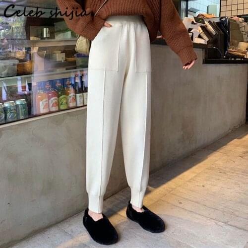 SHIJIA Beige Knitted Harem Pants Woman High Waisted Gray Autumn Winter Korean Fashion Bottom Knit Trousers Female Pants Fall