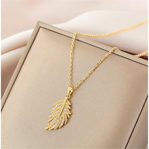 316L Stainless Steel Golden Luxury Feather Pendant Fashion Crystal Titanium Steel Necklace Women No Fade