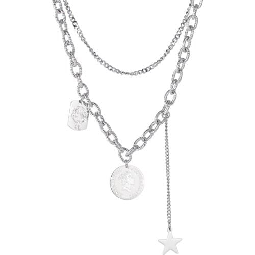 Womans Necklaces Elizabeth Coin Star Pendant Double-Layer Chain Stainless Steel Fashion Charm Woman Jewelry