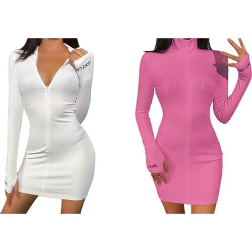 2 Pcs Sexy Zipper V Neck Dress Women Casual Embroidery Lucky Label Long Sleeve Knit Rib Bodycon Dress White L & Pink L