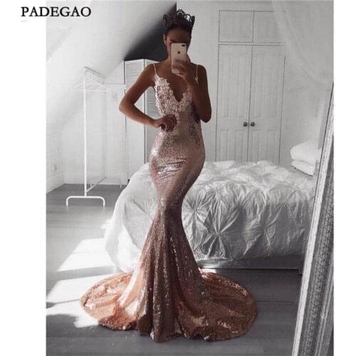 Mermaid Evening Dresses 2019 V Neck Appliqued Sequined Sexy Evening Gowns Backless Sweep Train Plus Size Formal Dress