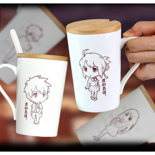 1 pair Anime your name. Cartoon Lovers Coffee Mug Ceramic Water Milk Cup Set Cup with Cover and Spoon Women Men Christmas Gift