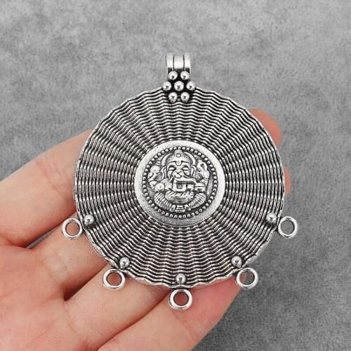 3PCS Large Round Tribal Ethnic Carved Ganesha Elephant Buddha Charms Pendants Connectors for Necklace Making