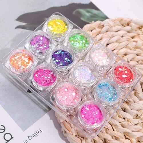 12Jars/Set Chameleon Pear Nail Glitter Flakes Hexagon Shinny Manicure Sequins Mix-Size Spangles DIY Chunky Patch
