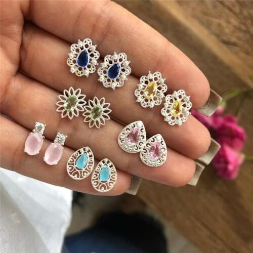 Women Crystal Earrings for Women Boucle D'oreille Jewelry Bohemian Stud Earring Set Green Droplets Brincos 5 Pairs