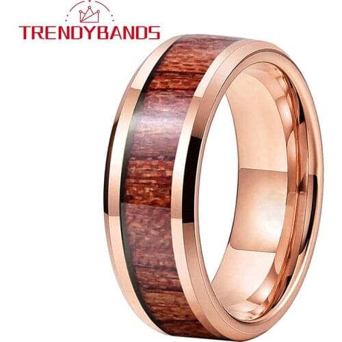 8MM Rose Gold Couple Tungsten Rings Wedding Band Koa Wood Inlay Beveled Edges Polished Shiny Comfort Fit