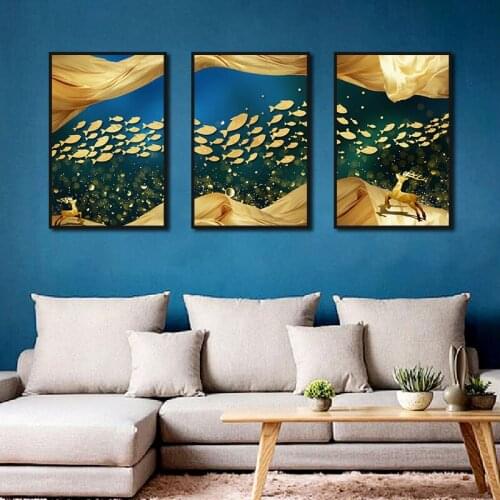 Abstract Wall Art Delicate Golden Blue Fishes Paintings Nordic Canvas Prints and Posters Living Room Bedroom Corridor Decoration