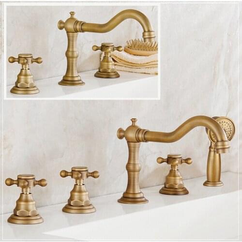 Antique Brass 2 & 3 Handles Deck Mount Widespread Bathtub Basin Sink Faucet Retro Style Tub Filler Brass Handshower