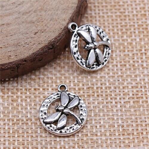 Free shipping 50pcs 14x17mm antique silver Round dragonfly tag charms diy retro jewelry fit Earring keychain hair card pendant