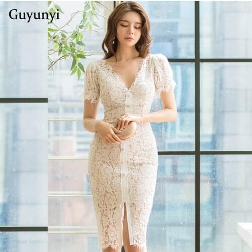Elegant White Lace Dress 2021 Summer Simple V-Neck Single Row Decorative Buttons Temperament High Waist Tight Party Dress Women