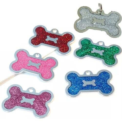 Glitter Bone shape Dog ID Tag Anti-lost Dogs Nameplate Dogs Engraved Tags Pendant Free Bell Gift Personalized Pet Name Tags