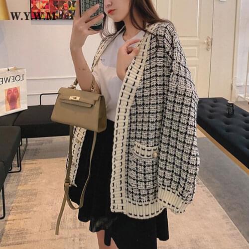WYWM Korean Loose Plaid Knitted Cardigans Sweater Women V-neck Long Sleeve Pocket Coat Ladies 2021 New Streetwear Female Tops