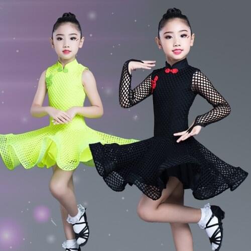 Classical Girls Latin Dance Costume Children Mesh Long Sleeved Competition Dresses Kids Ballroom Salsa Practice Clothes DL4266