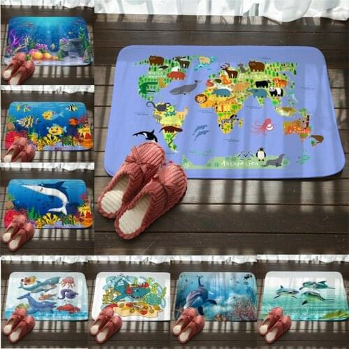 Marine Style Door Mat Floor Carpet for Living Room Sea Octopus Shark Pattern Coral Fleece Rug Anti-Slip Doormat Home Decor