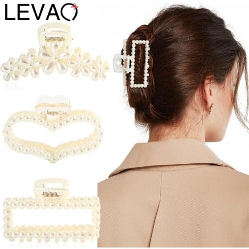 LEVAO INS Pearl Hairpin for Women Elegant Hair Claw Acrylic Hollow Heart /Bow/Moon Hair Crab Clip Barrette Girls Pearls Hairgrip