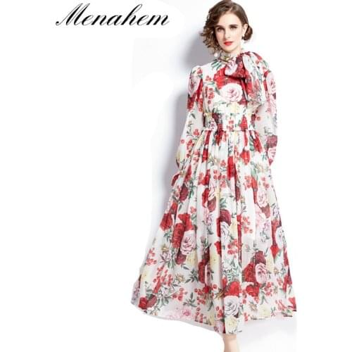 Menahem Autumn Holiday Bohemian Flower Maxi Dress Women Long Sleeve Bow Floral Print Elastic High Waist Chiffon Party Vestidos