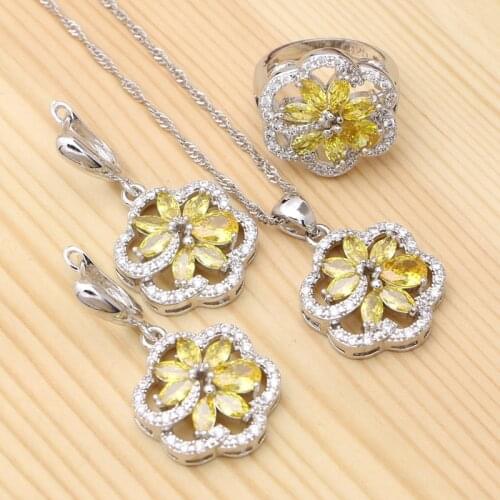 925 Silver Jewelry Sets For Women Wedding Accessories Yellow Cubic Zirconia Flower Shape Earring Pendant Necklace Ring Set