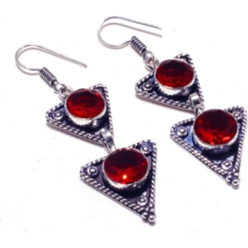 Genuine Garnet Silver Overlay on Copper Earrings , Hand made Women Jewelry Gift, E5442