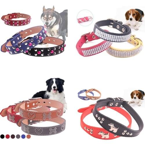 PU Leather Dog Collar Rhinestone Bling Charms Pet Necklace Accessory Adjustable Cat Kitten Straps Puppy Chihuahua Collars