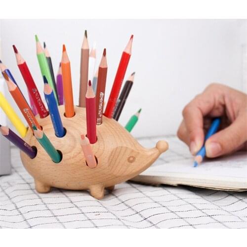 Natural Wooden Hedgehog Pen Holder 24 Holes Handmade Craft Beech Table Ornaments Stationery Kawaii Gifts (with 24pcs Pencils)