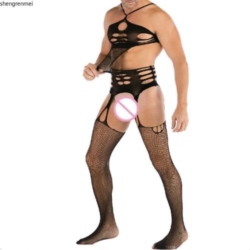 Sex Clothes Boy Friend Summer Breathable Underwear Sexy Lingerie Halter Mesh Jumpsuit Man Fishnet Bodysuit Open Crotch Nightwear