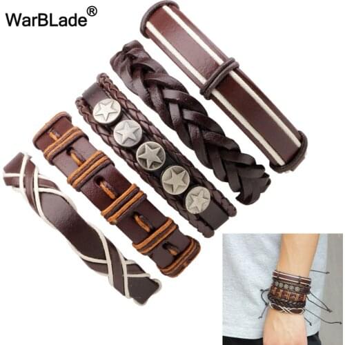 WarBLade Vintage Leather Bracelet Men Multilayer Star Charm Wrap Bracelets & Bangles Punk Wristband for Women Mens Jewelry 5pcs
