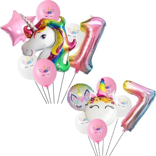 7pcs Rainbow Unicorn Party Balloon Number Birthday decoration baby shower helium balloons theme Latex color globos