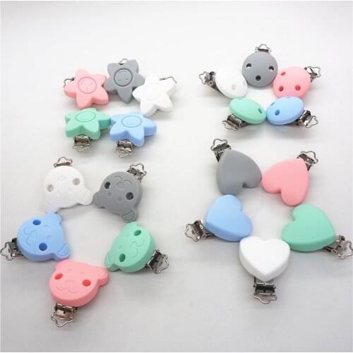 Chengkai 10PCS Silicone Round Heart Star Bear Teether Clips DIY Baby Pacifier Dummy Teething Chain Holder Soother Toy Clips