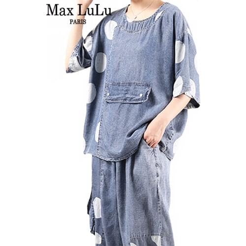 Max LuLu Korean Design 2021 Summer Suits Ladies Denim Dot Two Pieces Sets Women Short Sleeve Tops And Patchwork Pants Big Size