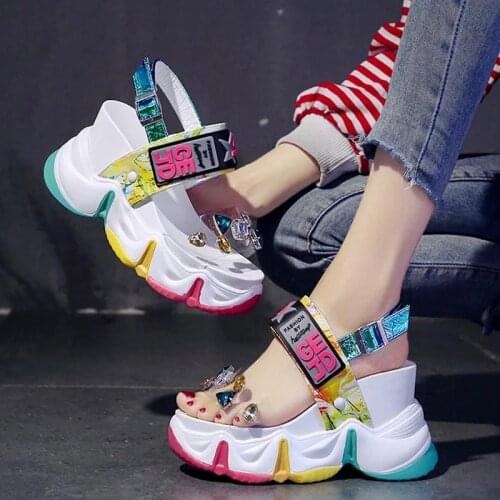 Akexiya 2021 New Women Summer Wedge Sandals Transparent PVC Crystal Chunky Platform Shoes Woman Rainbow Thick Bottom Sandalias
