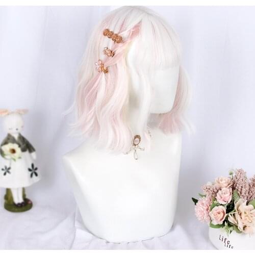 Mixed White Pink Lolita Wig Women Harajuku 35cm Long Curly Wavy Hair Cute Bangs Adult Chic Girls Cosplay Daily Wear