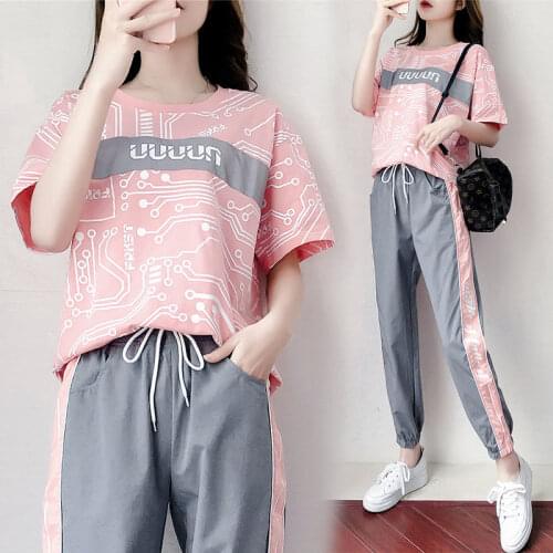 Womens sports suit summer fashion Korean version loose short sleeve ladies running pants summer hot sale 2 piece set