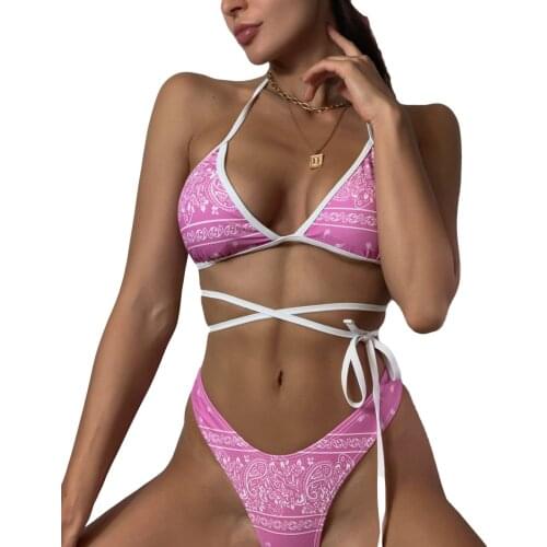 Women Halter Bikini + Briefs Strap Decoration Chic Print High Waist Design Swimming Suit Summer Clothing