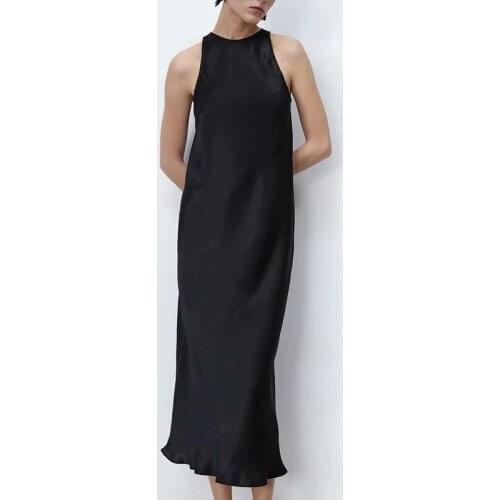 2021 Summer Ladies Black Sleeveless Back Button Long Dress