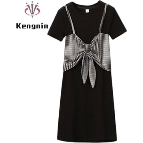 Oversize 5XL Ladies Vestidos Dresses 2021 Summer Big Bow Women Shirts Dress Patchwork Fake Two Piece Black Robe Dress KE960