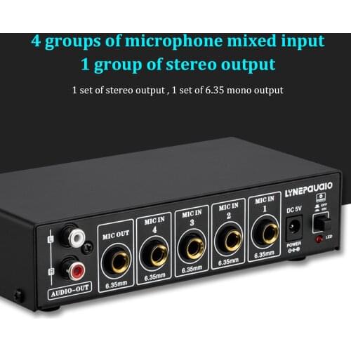 4 Channels B054 Microphone Mixer Support Stereo Output Mini Audio Mixer with Reverb Treble and Bass Adjustment USB 5V Mic Mixer