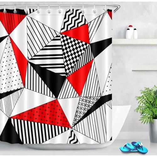 72'' Black White Red Abstract Geometric Pattern Bathroom Waterproof Fabric Shower Curtain Polyester 12 Hooks Bath Accessory Sets