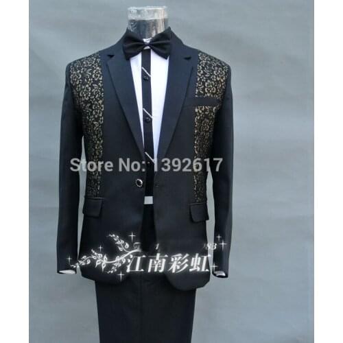 Free ship mens lace embroidery flower black event/stage performance jacket with pants
