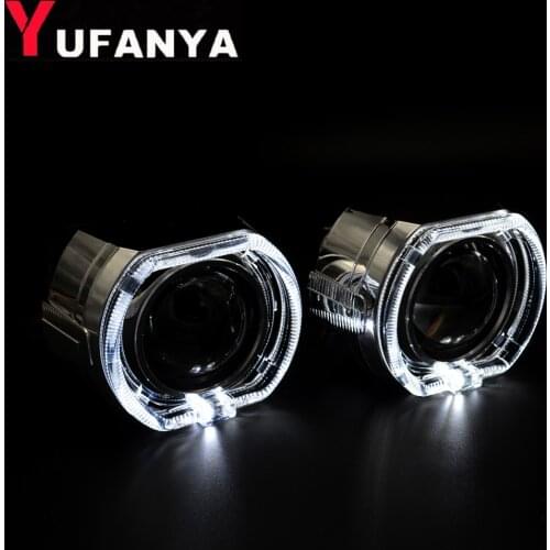 2.5 Inch Mini Bi Xenon Hid Projector Lens DRL LED White Angel Eyes Silver Shrouds Fit H4 H7 Retrofit Car Assembly Kit Demon Eyes